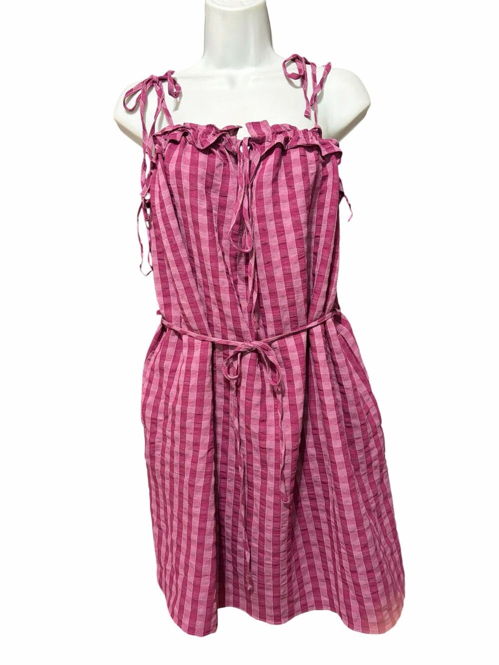 Topshop Pink Stripe Tie Strap Ruffle Mini Dress Belted Linen Blend M